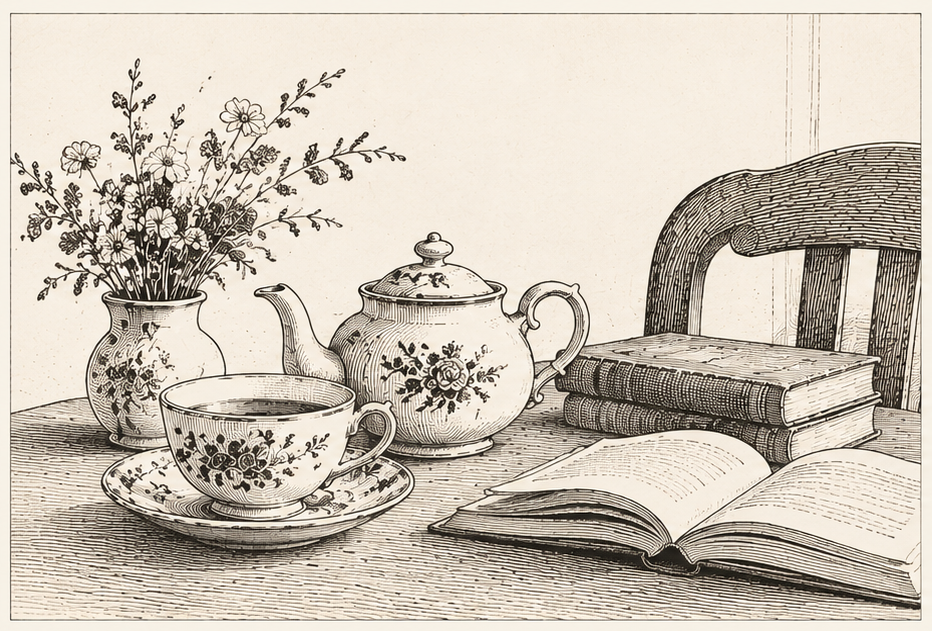 Tee, Bücher und Blumen als Sinnbild für den Klönschnack
